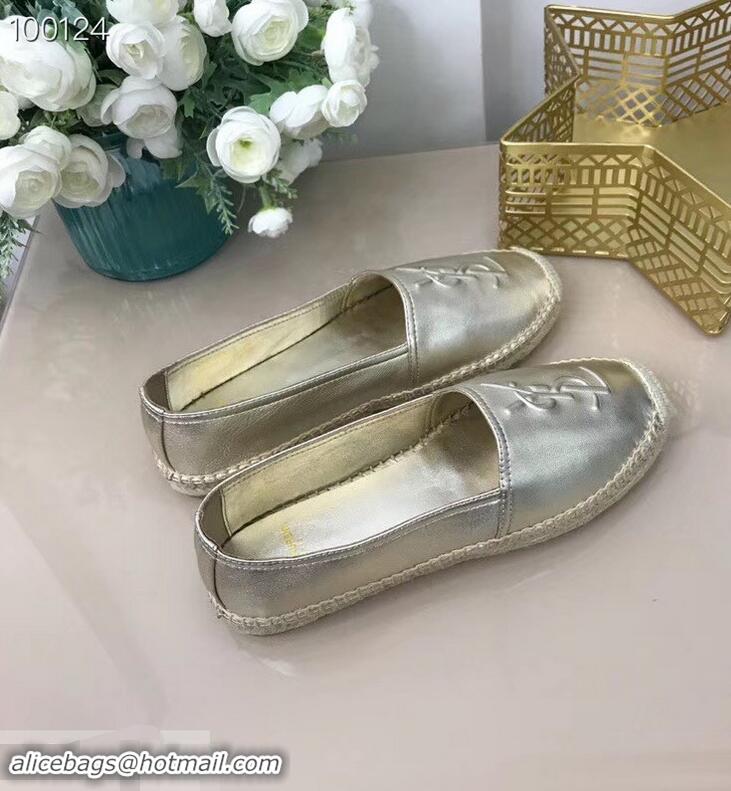 Discount Design Saint Laurent YSL Logo Leather Espadrilles Y93001 Silver