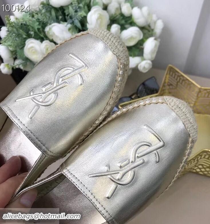 Discount Design Saint Laurent YSL Logo Leather Espadrilles Y93001 Silver