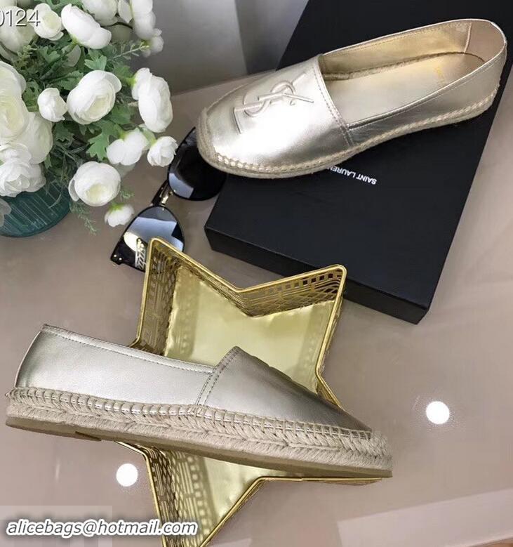 Discount Design Saint Laurent YSL Logo Leather Espadrilles Y93001 Silver