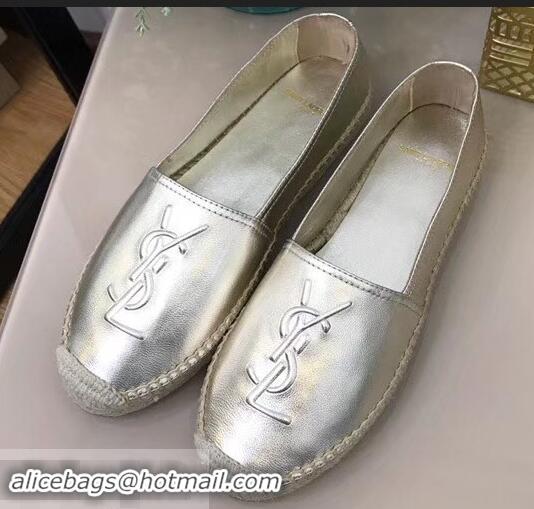 Discount Design Saint Laurent YSL Logo Leather Espadrilles Y93001 Silver