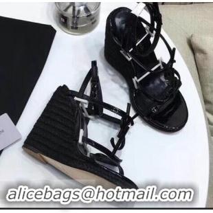 Discount Saint Laurent Heel 10.5cm Cassandra Wedge Espadrilles Sandals Y93618 Patent Black With YSL Logo 2019