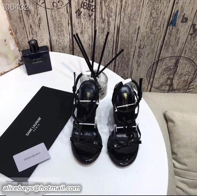 Discount Saint Laurent Heel 10.5cm Cassandra Wedge Espadrilles Sandals Y93618 Patent Black With YSL Logo 2019