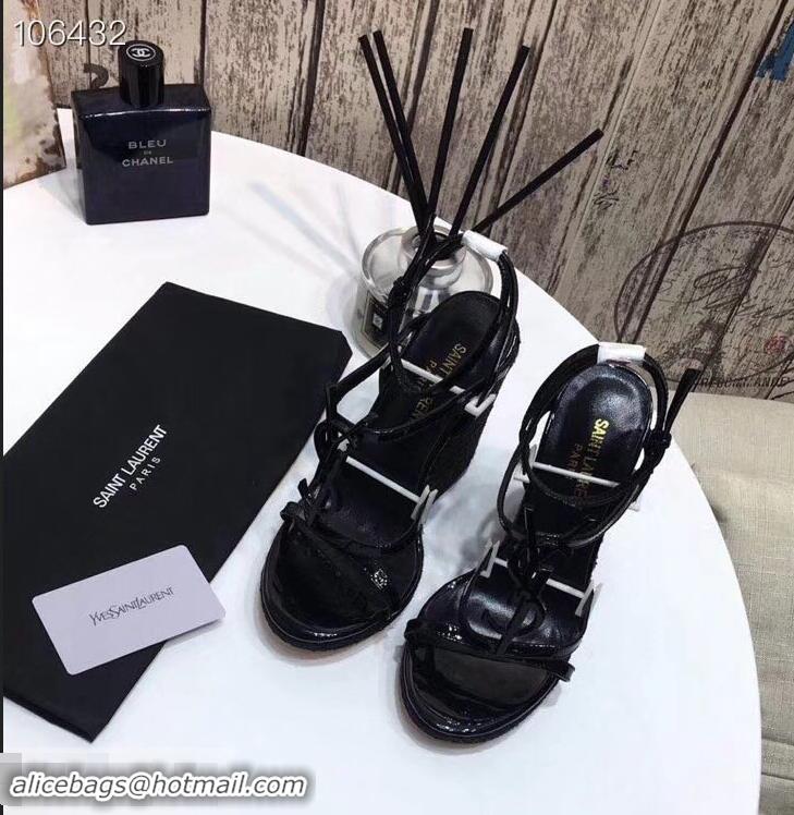 Discount Saint Laurent Heel 10.5cm Cassandra Wedge Espadrilles Sandals Y93618 Patent Black With YSL Logo 2019