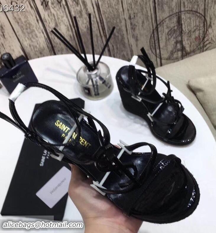 Discount Saint Laurent Heel 10.5cm Cassandra Wedge Espadrilles Sandals Y93618 Patent Black With YSL Logo 2019