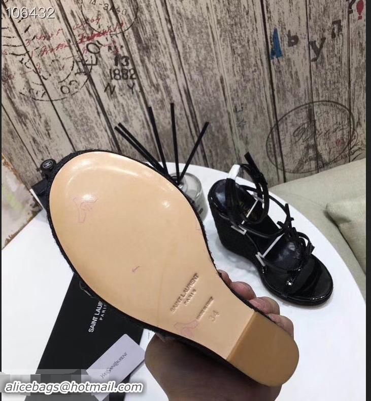 Discount Saint Laurent Heel 10.5cm Cassandra Wedge Espadrilles Sandals Y93618 Patent Black With YSL Logo 2019