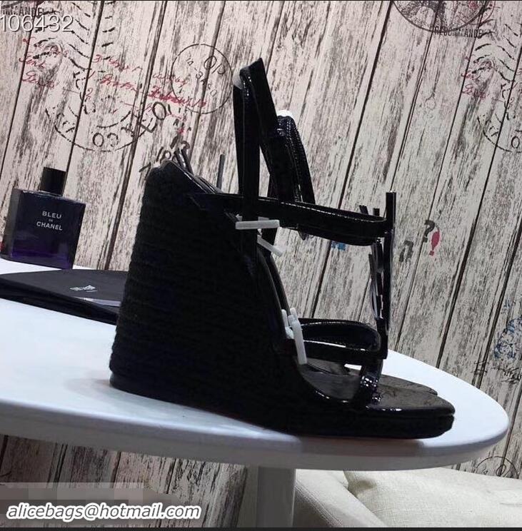 Discount Saint Laurent Heel 10.5cm Cassandra Wedge Espadrilles Sandals Y93618 Patent Black With YSL Logo 2019