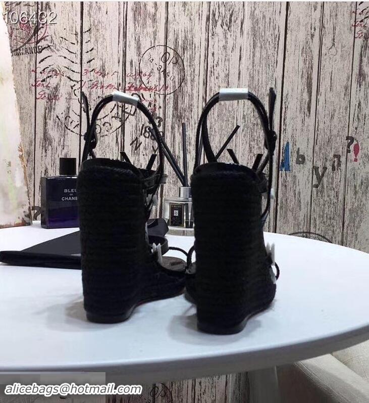 Discount Saint Laurent Heel 10.5cm Cassandra Wedge Espadrilles Sandals Y93618 Patent Black With YSL Logo 2019