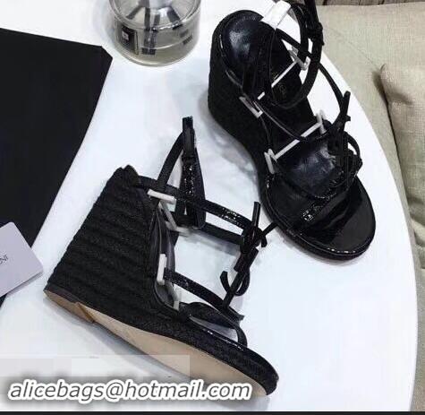 Discount Saint Laurent Heel 10.5cm Cassandra Wedge Espadrilles Sandals Y93618 Patent Black With YSL Logo 2019