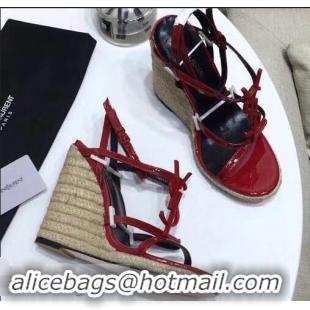 Cheap Saint Laurent Heel 10.5cm Cassandra Wedge Espadrilles Sandals Y93618 Patent Red With YSL Logo 2019