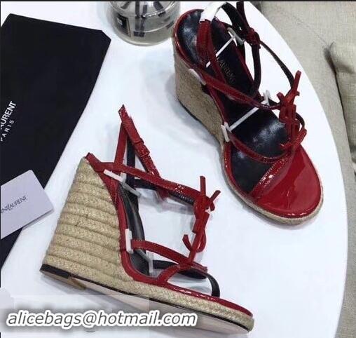 Cheap Saint Laurent Heel 10.5cm Cassandra Wedge Espadrilles Sandals Y93618 Patent Red With YSL Logo 2019