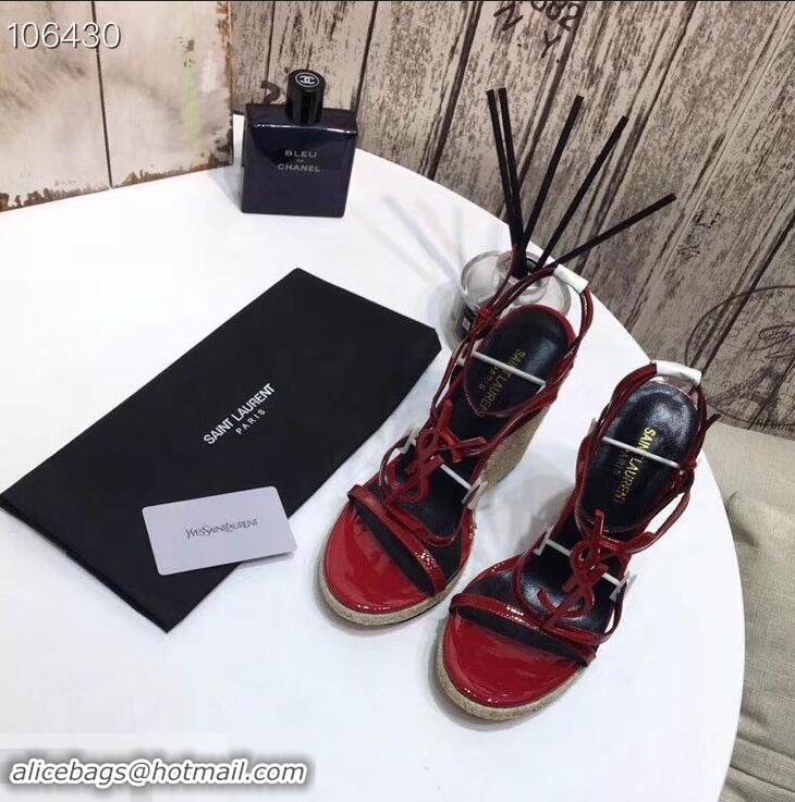 Cheap Saint Laurent Heel 10.5cm Cassandra Wedge Espadrilles Sandals Y93618 Patent Red With YSL Logo 2019