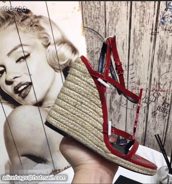 Cheap Saint Laurent Heel 10.5cm Cassandra Wedge Espadrilles Sandals Y93618 Patent Red With YSL Logo 2019