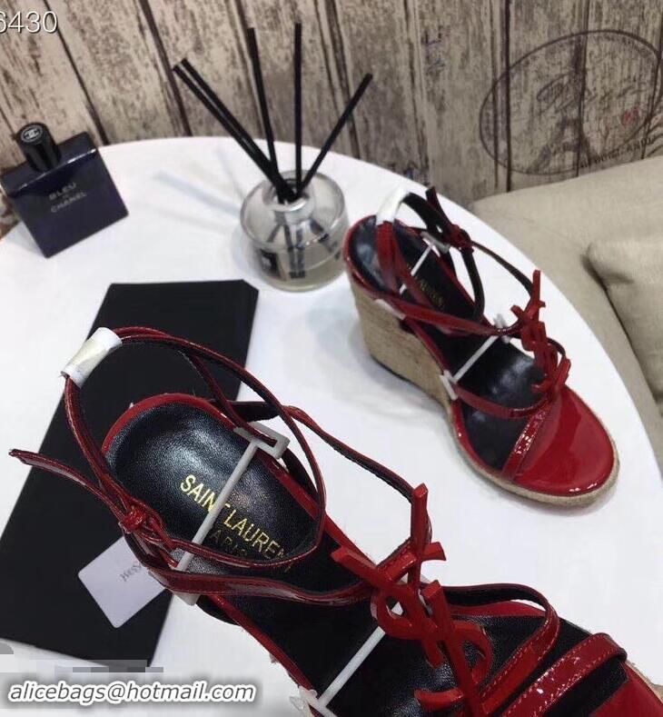 Cheap Saint Laurent Heel 10.5cm Cassandra Wedge Espadrilles Sandals Y93618 Patent Red With YSL Logo 2019