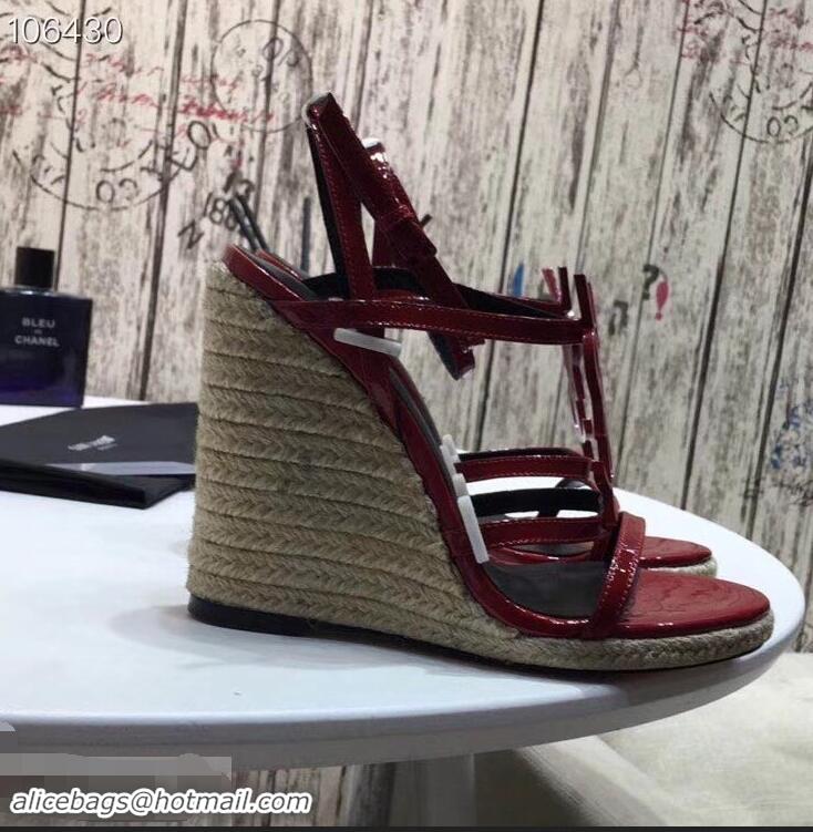 Cheap Saint Laurent Heel 10.5cm Cassandra Wedge Espadrilles Sandals Y93618 Patent Red With YSL Logo 2019