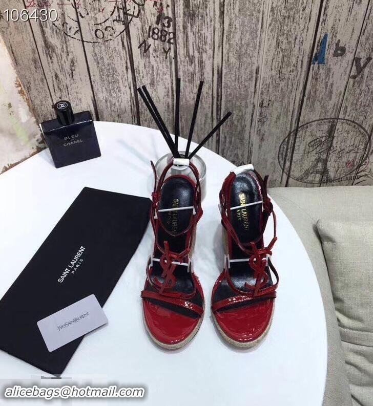 Cheap Saint Laurent Heel 10.5cm Cassandra Wedge Espadrilles Sandals Y93618 Patent Red With YSL Logo 2019