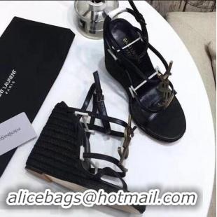 Faux Saint Laurent Heel 10.5cm Cassandra Wedge Espadrilles Sandals Y93630 Black With YSL Logo 2019