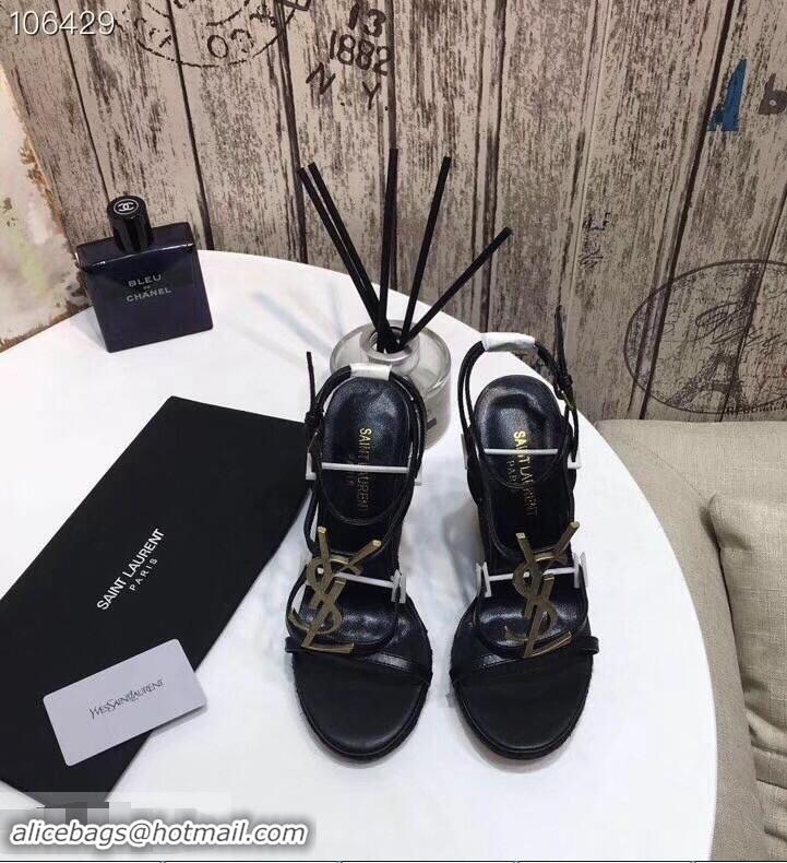 Faux Saint Laurent Heel 10.5cm Cassandra Wedge Espadrilles Sandals Y93630 Black With YSL Logo 2019