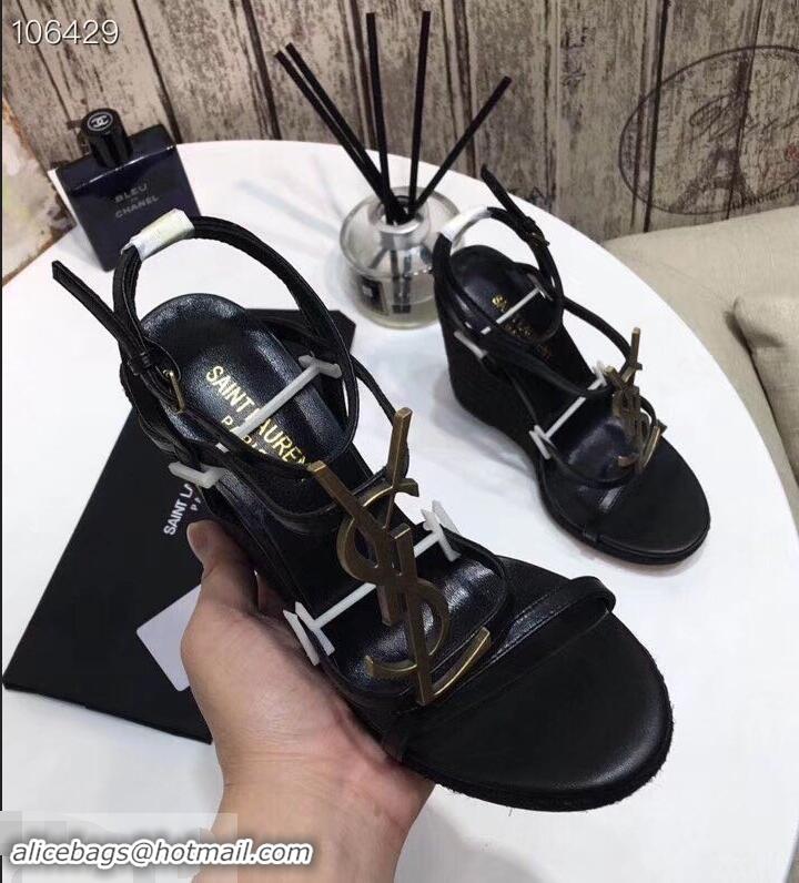 Faux Saint Laurent Heel 10.5cm Cassandra Wedge Espadrilles Sandals Y93630 Black With YSL Logo 2019