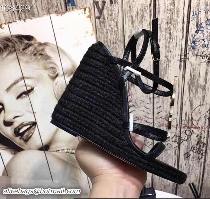 Faux Saint Laurent Heel 10.5cm Cassandra Wedge Espadrilles Sandals Y93630 Black With YSL Logo 2019