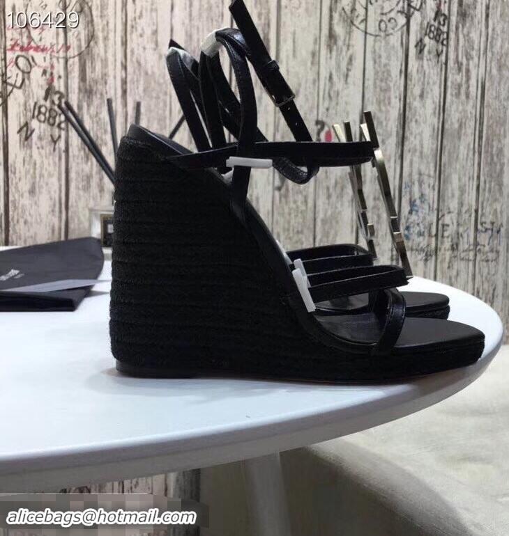 Faux Saint Laurent Heel 10.5cm Cassandra Wedge Espadrilles Sandals Y93630 Black With YSL Logo 2019