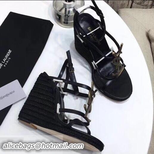 Faux Saint Laurent Heel 10.5cm Cassandra Wedge Espadrilles Sandals Y93630 Black With YSL Logo 2019