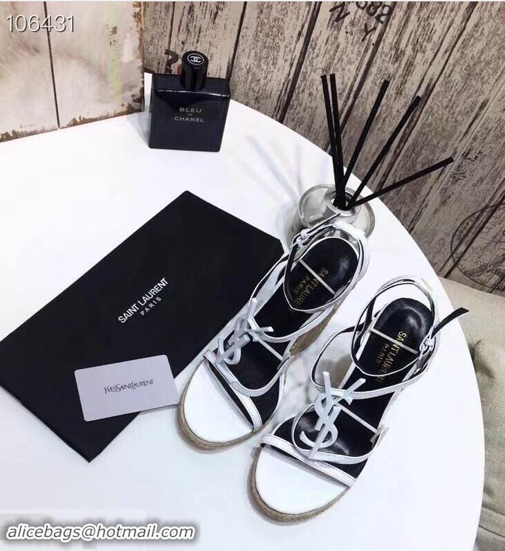 Imitation Saint Laurent Heel 10.5cm Cassandra Wedge Espadrilles Sandals Y93630 White With YSL Logo 2019