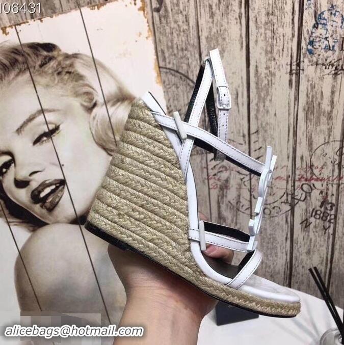 Imitation Saint Laurent Heel 10.5cm Cassandra Wedge Espadrilles Sandals Y93630 White With YSL Logo 2019