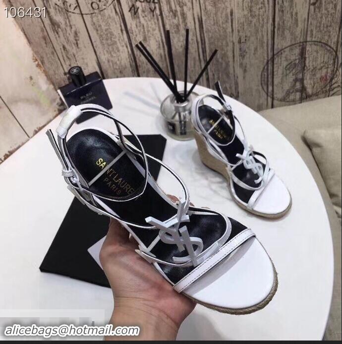 Imitation Saint Laurent Heel 10.5cm Cassandra Wedge Espadrilles Sandals Y93630 White With YSL Logo 2019