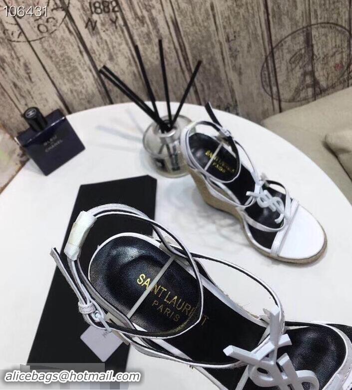 Imitation Saint Laurent Heel 10.5cm Cassandra Wedge Espadrilles Sandals Y93630 White With YSL Logo 2019