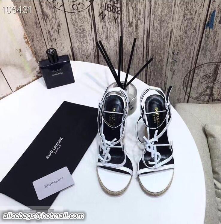 Imitation Saint Laurent Heel 10.5cm Cassandra Wedge Espadrilles Sandals Y93630 White With YSL Logo 2019