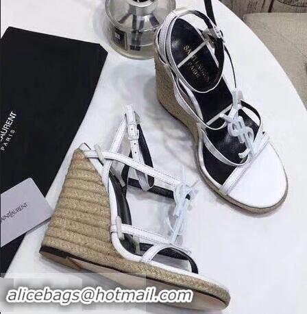 Imitation Saint Laurent Heel 10.5cm Cassandra Wedge Espadrilles Sandals Y93630 White With YSL Logo 2019