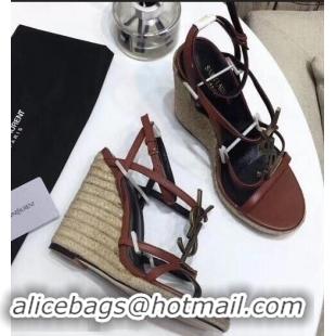 Spot Bulk Saint Laurent Heel 10.5cm Cassandra Wedge Espadrilles Sandals Y93630 Brown With YSL Logo 2019