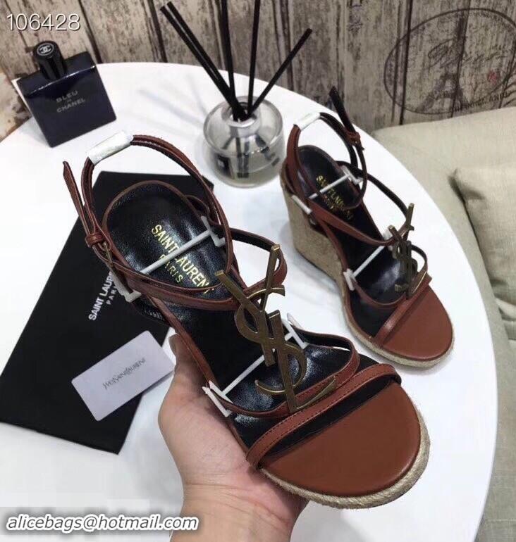 Spot Bulk Saint Laurent Heel 10.5cm Cassandra Wedge Espadrilles Sandals Y93630 Brown With YSL Logo 2019