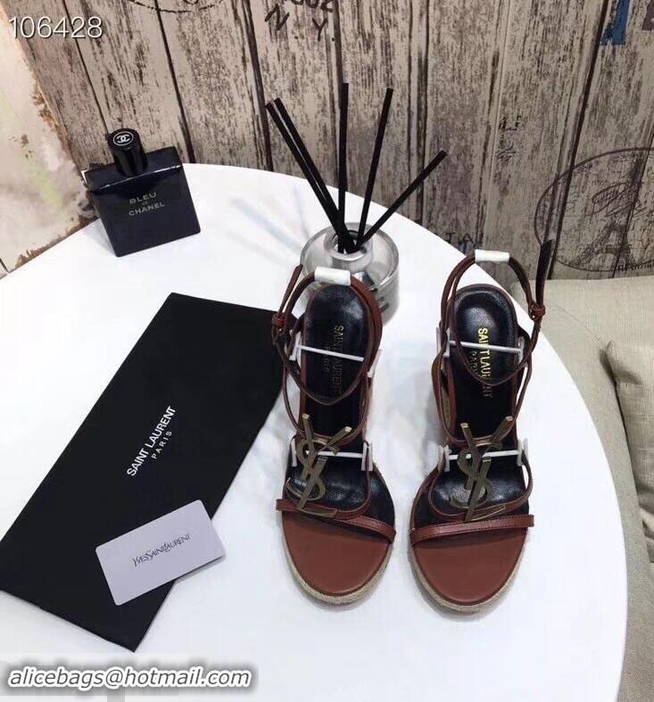 Spot Bulk Saint Laurent Heel 10.5cm Cassandra Wedge Espadrilles Sandals Y93630 Brown With YSL Logo 2019