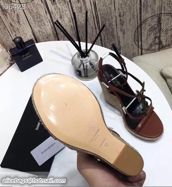 Spot Bulk Saint Laurent Heel 10.5cm Cassandra Wedge Espadrilles Sandals Y93630 Brown With YSL Logo 2019