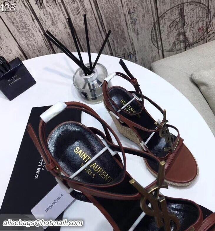 Spot Bulk Saint Laurent Heel 10.5cm Cassandra Wedge Espadrilles Sandals Y93630 Brown With YSL Logo 2019