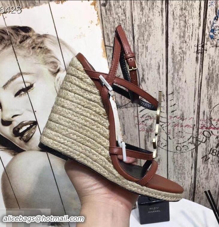 Spot Bulk Saint Laurent Heel 10.5cm Cassandra Wedge Espadrilles Sandals Y93630 Brown With YSL Logo 2019