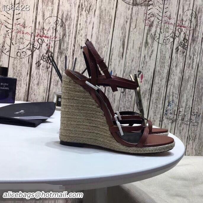 Spot Bulk Saint Laurent Heel 10.5cm Cassandra Wedge Espadrilles Sandals Y93630 Brown With YSL Logo 2019