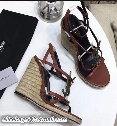 Spot Bulk Saint Laurent Heel 10.5cm Cassandra Wedge Espadrilles Sandals Y93630 Brown With YSL Logo 2019