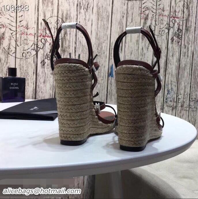 Spot Bulk Saint Laurent Heel 10.5cm Cassandra Wedge Espadrilles Sandals Y93630 Brown With YSL Logo 2019