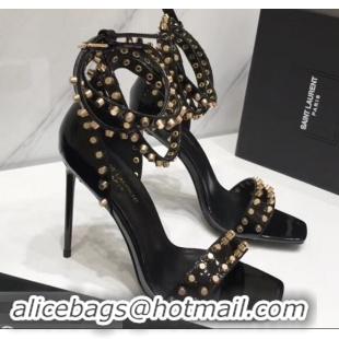 Best Price Saint Laurent Heel 11cm Amber Studs Patent Leather Sandals Y93701 Black 2019