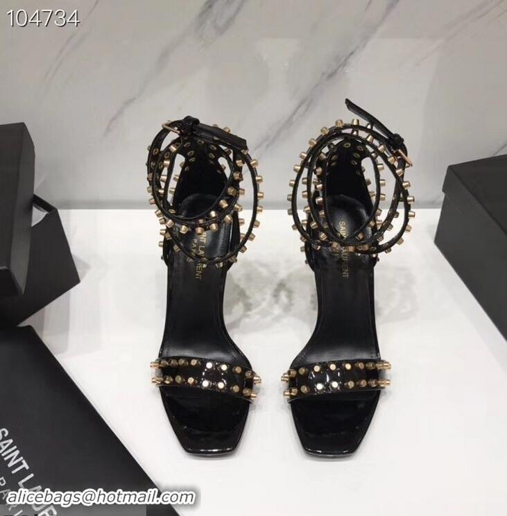 Best Price Saint Laurent Heel 11cm Amber Studs Patent Leather Sandals Y93701 Black 2019