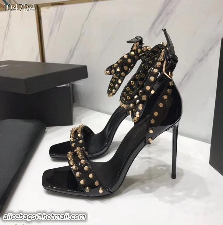 Best Price Saint Laurent Heel 11cm Amber Studs Patent Leather Sandals Y93701 Black 2019