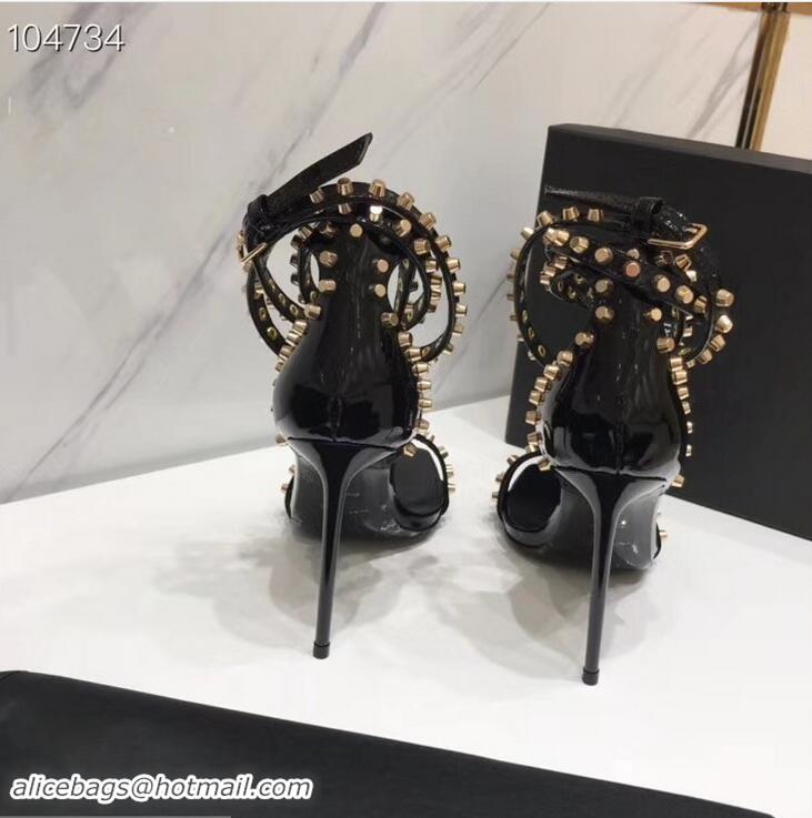 Best Price Saint Laurent Heel 11cm Amber Studs Patent Leather Sandals Y93701 Black 2019