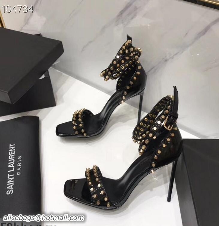 Best Price Saint Laurent Heel 11cm Amber Studs Patent Leather Sandals Y93701 Black 2019