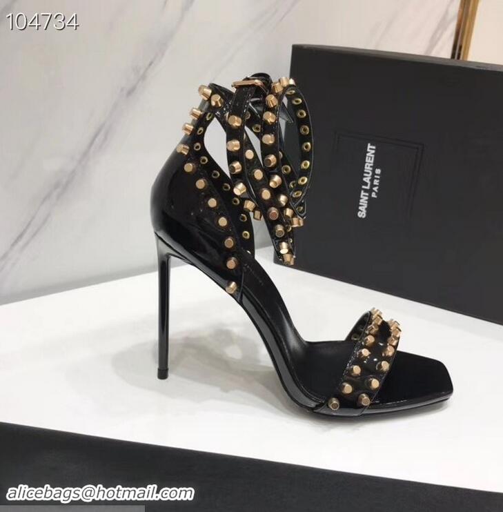 Best Price Saint Laurent Heel 11cm Amber Studs Patent Leather Sandals Y93701 Black 2019