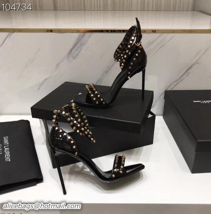 Best Price Saint Laurent Heel 11cm Amber Studs Patent Leather Sandals Y93701 Black 2019