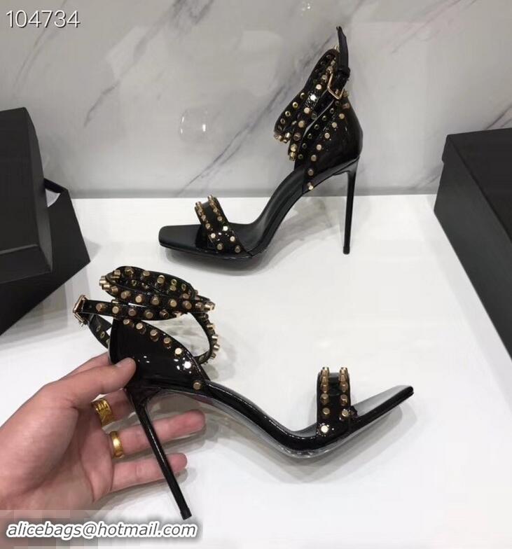 Best Price Saint Laurent Heel 11cm Amber Studs Patent Leather Sandals Y93701 Black 2019