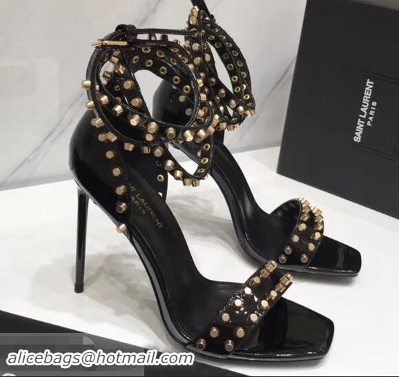 Best Price Saint Laurent Heel 11cm Amber Studs Patent Leather Sandals Y93701 Black 2019