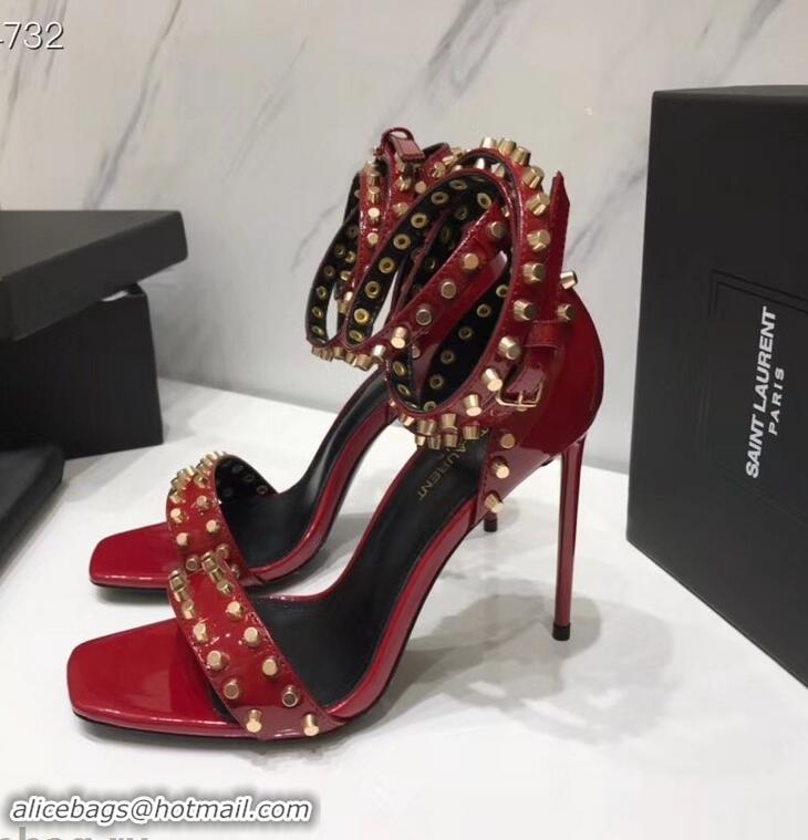 Imitation Saint Laurent Heel 11cm Amber Studs Patent Leather Sandals Y93701 Red 2019